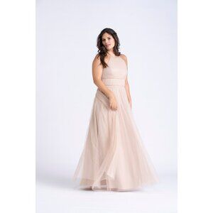Long Tulle Bridesmaid Dress. Halter Front. 3d ruffle at waist. Biscotti. Size M.